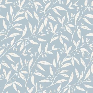 Imagem de VEELIKE Papel de parede Serene Leaf Peel and Stick Boho Papel de parede de folha azul para quarto, sala de estar, banheiro, 40 x 900 cm, papel de parede botânico autoadesivo, papel de contato azul