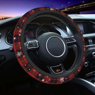 Imagem de Capa de volante de flocos de neve de Natal - Buffalo xadrez flocos de neve acessórios de volante para carro universal 38 cm capa de volante feminina masculina antiderrapante respirável protetor de
