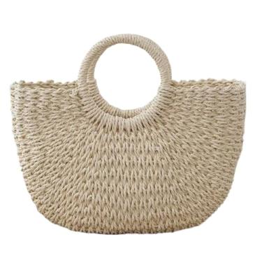 Imagem de Bolsa De Praia Feminina De MãO Argola AlçA RetiráVel Bolsa Palha Grande Meia Lua Forro De Tecido Fecho Com CordãO,Bolsa De Palha Feminina,Moda(40X8X28,Bege)