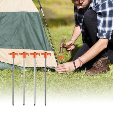 Imagem de 4 peças de barracas de acampamento resistentes, pinos de metal de 18 cm para acampamento, jardim, caminhada, praia, areia, estacas de chão em forma de T, pontas para uso ao ar livre, laranja