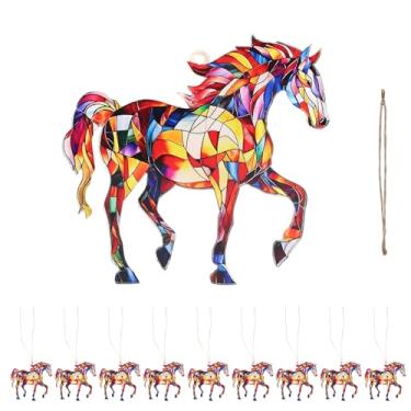 Imagem de 10 peças de enfeite de acrílico para cavalo, enfeite de Natal de cavalo com corda, apanhador de sol de pônei, decoração de pendurar em acrílico, apanhador de sol colorido, presente equestre em mosaico