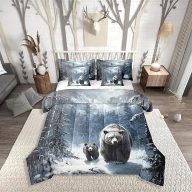 Imagem de Erosebridal Jogo de cama de casal com estampa de urso de inverno, 7 peças, rústico, casa de fazenda, com lençol com estampa de vida selvagem, floresta, para crianças e adultos, conjunto de cama de