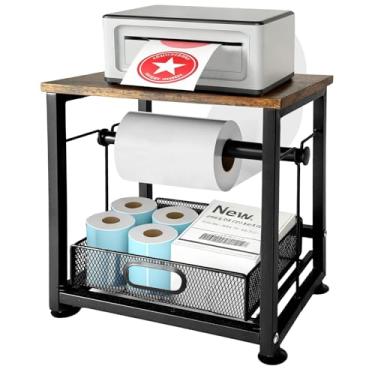 Imagem de ToBeAce Suporte de etiquetas para rolos e etiquetas dobráveis, suporte de etiquetas de madeira para impressora térmica com gaveta de metal, suporte de etiqueta de envio, prateleira de mesa