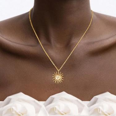 Imagem de Colar feminino dourado com rosto de sol, Medium, Latão, Sem Pedra Preciosa
