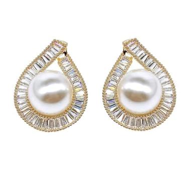Imagem de Lindos brincos femininos em forma de gota d'água com imitação de pérola, 0.71, Latão, Zircônia cúbica Pérola sintética