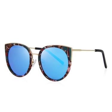 Imagem de Óculos de sol femininos com lentes polarizadas retrô Cat Eye, Azul espelhado, Lens Width: 57 Millimeters