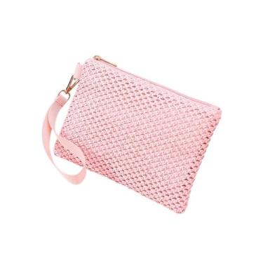 Imagem de Bolsa clutch de palha para mulheres, bolsa de mão de palha boêmia pequena bolsa de praia de verão carteira de pulso com zíper bolsa pequena carteira, rosa