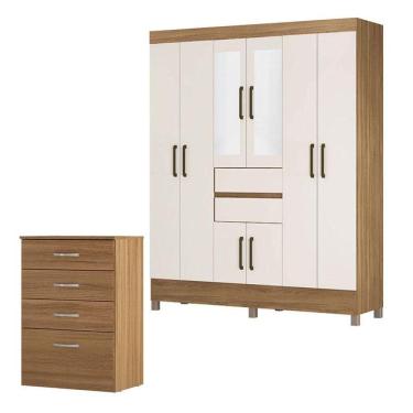 Imagem de Cômoda Astral E Guarda Roupa Casal Munique Amêndola Off White Com Espelho - Demóbile