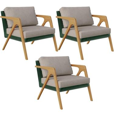 Imagem de Kit 03 Poltronas Decorativas Sala Estar Pietra L02 Facto Verde Musgo Linho Bege - Lyam Decor
