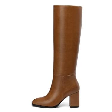 Imagem de NUMALEO Botas femininas na altura do joelho, salto grosso, bico quadrado, botas longas de 7,6 cm para mulheres, botas GoGo com zíper lateral, Marrom, 39 BR