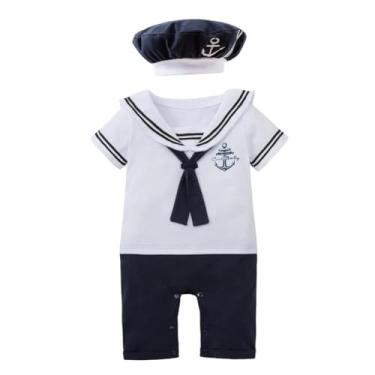 Imagem de Dressy Daisy Macacão náutico para bebês meninos marinheiro, macacão, roupa de fantasia com chapéu, azul marinho branco, Branco, 18-24 Meses