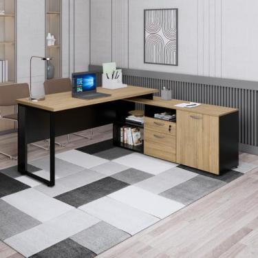 Imagem de Escrivaninha Mesa Escritório em L com Armário Lateral Pé Quadro 170x15