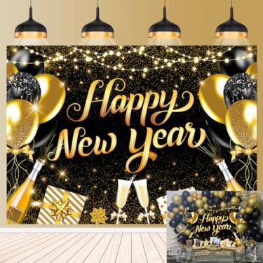 Imagem de Feliz Ano Novo 2026 Pano de fundo balão dourado preto Ano Novo fotografia Cheers to 2026 faixa de festa de fim de ano adereços para cabine de fotos 19 x 1,5 m