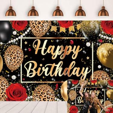 Imagem de Pano de fundo de aniversário com estampa de leopardo, balões de ouro preto, rosa vermelha, glitter, fundo fotográfico, feminino, adulto, chá de bebê, casamento, festa de aniversário, banner, adereços