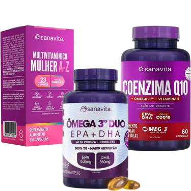Imagem de Kit Coenzima Q10 e Ômega 3 Duo e Multivitamínico Mulher AZ Sanavita Antioxidante Vitalidade Saúde-Unissex