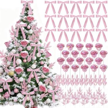 Imagem de 56 peças de enfeites de Natal rosa, hastes com glitter, rosas, laços, folhas artificiais para coroas de árvores, guirlandas, centro de mesa, decoração de casamento