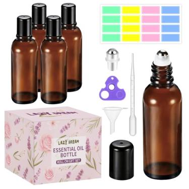 Imagem de Lazy Dream Frascos de rolo para óleo essencial, frasco de vidro âmbar vazio para óleo de perfume, frascos de rolo com esferas de rolo de aço inoxidável, abridor, funil e conta-gotas para aromaterapia