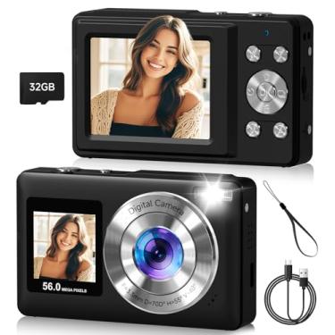Imagem de Câmera digital, tela dupla de 56 MP com foco automático, captura de sorriso, antirvibração, zoom de 16x, cartão SD de 32 GB, presente Digicam para meninos, meninas e adolescentes