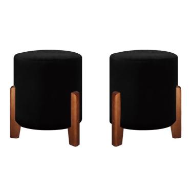 Imagem de Kit 2 Puffs Banqueta Luna Pés De Madeira Maciça Veludo preto