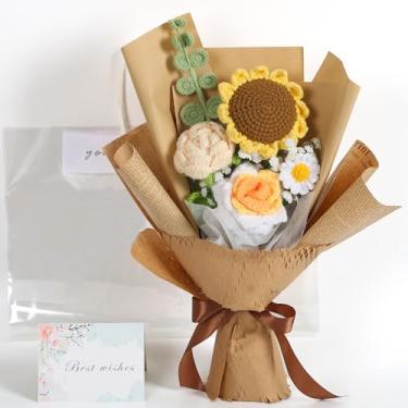 Imagem de EZsenses Buquê de flores de crochê – Flores artificiais de girassol tricotadas à mão com bolsa de presente e cartão comemorativo, perfeito para decoração de casa, casamentos, aniversários e presentes