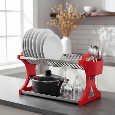 Imagem de Escorredor de Louça 20 Pratos Vermelho em aço Inox Alto com Porta Talh