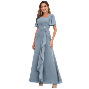 Imagem de Vestido PRESEOSSA Dusty Blue Chiffon com decote em V, babado, tamanho 