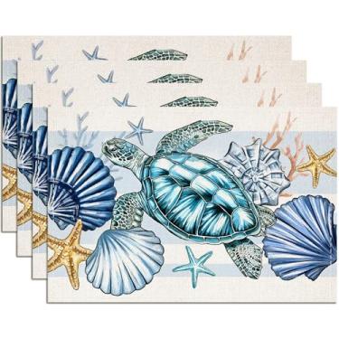 Imagem de snaxuda Jogo americano estrela do mar concha tartaruga marinha, conjunto com 4, tapetes de mesa sazonais, oceano, litoral, lavável, para festa, cozinha, decoração de jantar, 30 x 45 cm