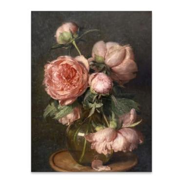 Imagem de Heltrappe Moody Pink Peony Wall Art Spring Dark Academia Antique Floral Poster Vintage French Country Impressão em tela para sala de estar fazenda decoração de parede 30,5 x 40,6 cm sem moldura