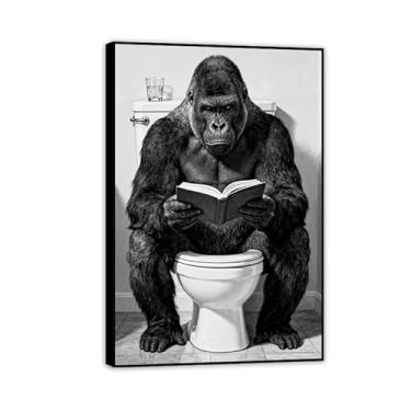 Imagem de Decoração de parede de banheiro de chimpanzé emoldurada arte de parede de banheiro animal engraçado arte de arte em tela preta e branca 90 x 60 cm (35 x 24 polegadas) moldura preta
