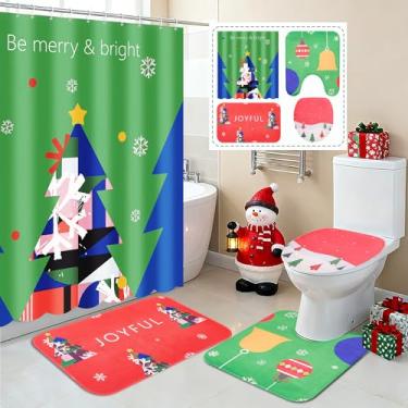 Imagem de SRCVYLT Conjunto de 4 peças de cortina de chuveiro de Natal com tapetes antiderrapantes, tampa de vaso sanitário e tapete de banho, conjunto de banheiro de Natal vermelho verde branco para banheiro
