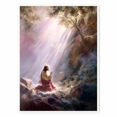 Imagem de Impressão em tela Jesus Wall Art – Pôster de arte de parede cristã de Jesus orando na luz, pintura inspiradora religiosa para decoração de sala de estar ou quarto 20 x 30 cm sem moldura