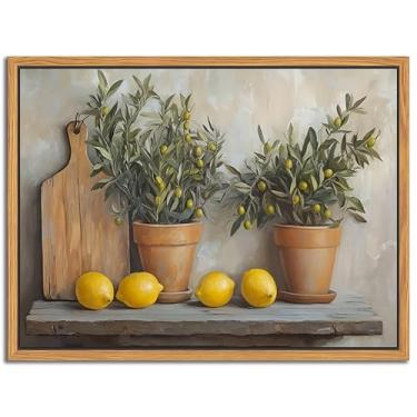 Imagem de Arte de parede de cozinha vintage emoldurada flutuante, pinturas a óleo para decoração de parede de natureza morta de limão amarelo, arte de fazenda rústica, pôsteres em tela, imagens para sala de