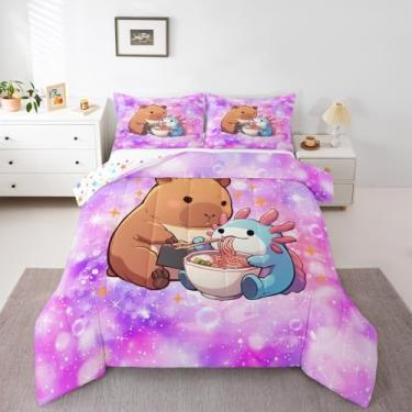 Imagem de Erosebridal Conjunto de edredom com desenho animado de axolotl, oceano azul, animais selvagens, capivara, para meninas, meninos, roxo, arte de aquarela, galáxia colorida