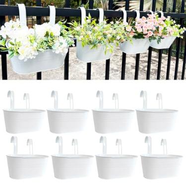 Imagem de Joyfernal Vasos de flores pendurados de 25,4 cm, pacote com 8 plantadores de metal branco para varanda e pátio, vaso de cerca de trilhos com gancho removível e orifício de drenagem para plantas
