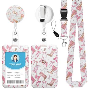 Imagem de Soleebee Cordão de laço de botas de vaqueira rosa para crachás de identificação, lindo suporte de crachá de identificação e cordão destacável, chaveiro retrátil, carretel de crachá resistente com