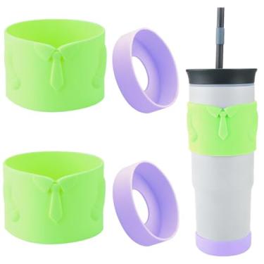 Imagem de ziHenryDa Capa para copo de viagem Owala de 680 g com isolamento de camada tripla Owala. Bota de silicone para viagem com isolamento de camada tripla Owala (com porta-copos de silicone) (verde/roxo