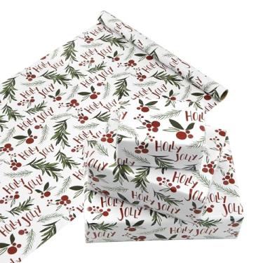 Imagem de Boerni Rolo de papel de embrulho de Natal Holly - Mini rolo - Aquarela vintage folhas de azevinho vermelho vermelho impresso elegante branco embrulho de presente para Natal, aniversário, casamento, 43