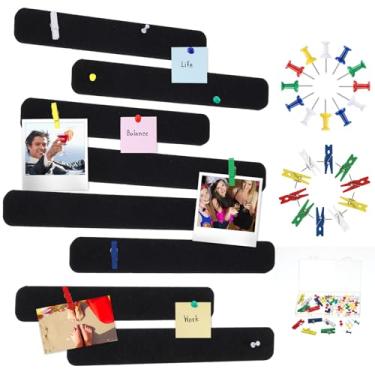 Imagem de Mooliwe 8 tiras de feltro para barras, quadro de avisos, 50 pinos e 10 grampos de madeira, quadros de cortiça autoadesivos para escritórios, fotos, notas de cola, horários (preto)