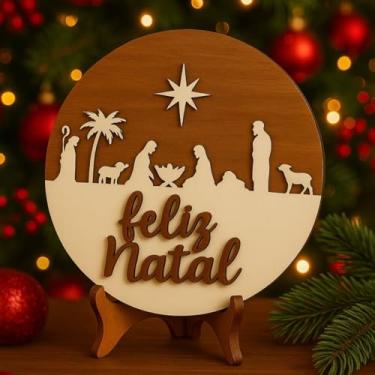 Imagem de Placa Decorativa de Natal em MDF, Presépio Sagrada Família com Feliz Natal, Base de Mesa Inclusa, Decoração Natalina Religiosa