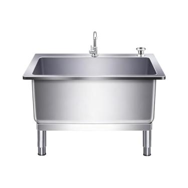 Imagem de TRGCJGH Pia de esfregão de aço inoxidável comercial com torneira e ralo, pia interna e externa, pia de lavanderia, balde de esfregão utilitário (tamanho: 70 x 50 cm/27,5 x 19,6 pol, cor: prata)