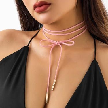 Imagem de Colar longo com laço rosa para mulheres, colares gargantilhas de couro em camadas, joias modernas, presentes de amizade, Medium, Latão, Sem Pedra Preciosa