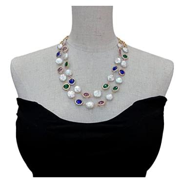 Imagem de Acessórios de moda 2 fileiras cultivadas moeda branca colar de pérolas multi cor cristal dourado corrente de metal joia gargantilha