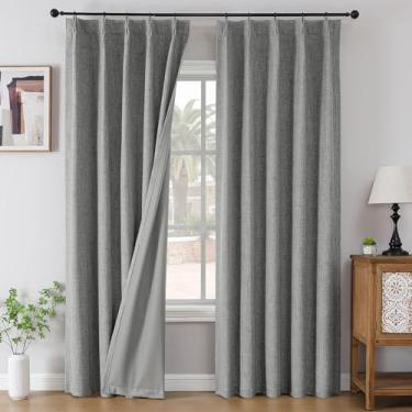Imagem de Joydeco Cortinas blackout 100% para quarto - Cortinas de linho natural 101,6 cm L x 274,3 cm C de comprimento, 2 painéis com isolamento térmico, cortinas com bloqueio de luz cinza claro, bolso para