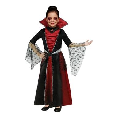 Imagem de ROC PARTY Fantasia de vampiro para meninas - Vestido gótico infantil preto e vermelho com gola alta para Halloween e fantasia, Vampiro clássico, Small ( 4-6 Years )