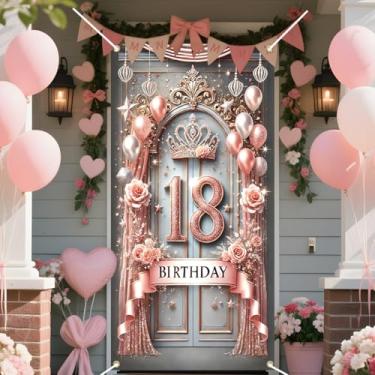 Imagem de Pano de fundo de feliz aniversário de 18 anos com tema de princesa em ouro rosa, decorações de aniversário com balões e flores, elegante, faixa de festa de aniversário de 18 anos, fundo fotográfico