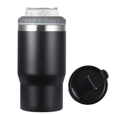 Imagem de FAMKX 14oz 4 em 1 isolador de garrafa de cerveja de aço inoxidável pode arrefecer com 2 tampas para 12oz can&bottle, Thermocooler isolado de parede dupla(preto)