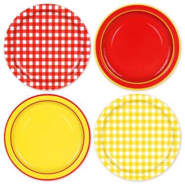 Imagem de JarThenaAMCS 48 peças de pratos de papel para festa de cachorro-quente de 23 cm vermelho e amarelo, utensílios de mesa descartáveis para jantar, sobremesa, para piquenique, churrasco, bombeiro