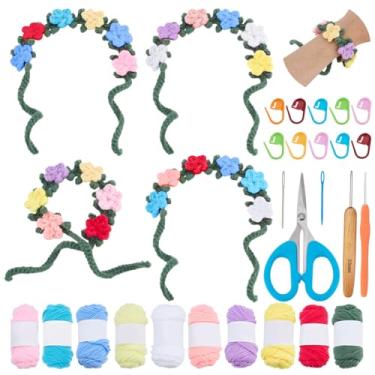 Imagem de FREEBLOSS Conjunto de 4 pulseiras de flores de crochê para iniciantes com tutoriais em vídeo, pulseira criativa de flores, kit de crochê para adultos, presente para mulheres amigas