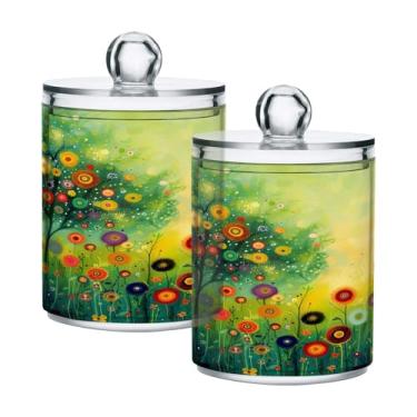 Imagem de ATTX Dispensador de suporte Qtip para pintura de flores coloridas para bola de algodão, cotonete, frasco de boticário transparente, decoração de casa, pote de armazenamento de cozinha, pacote com 2