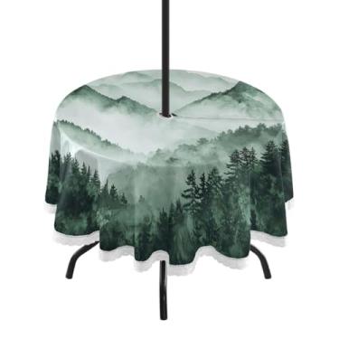 Imagem de ATTX Toalha de mesa redonda Green Mountains ao ar livre – 152 cm, impermeável, à prova de derramamento, uso interno/externo, com orifício para guarda-chuva com zíper para acampamento, piquenique